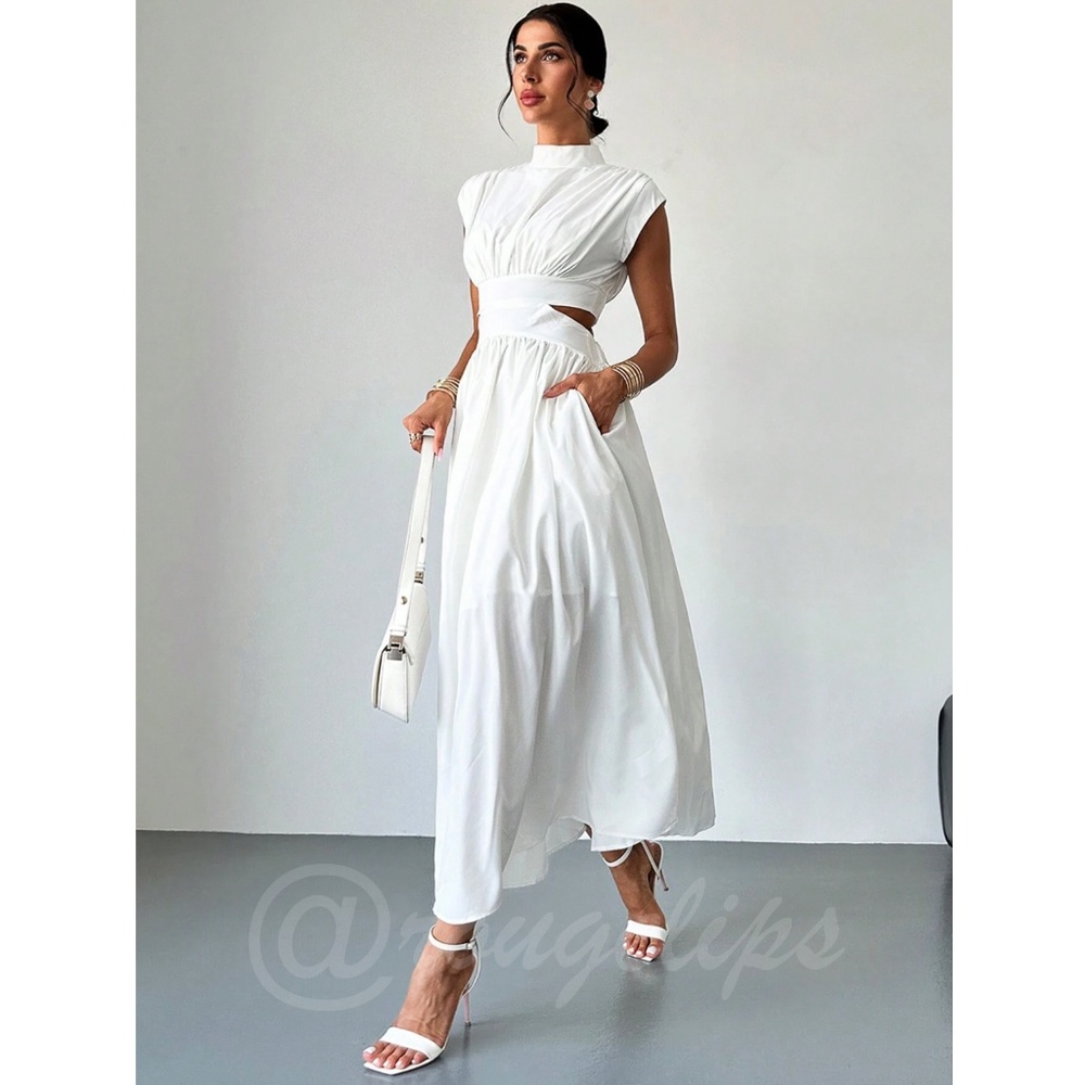 White Long Dress High Neck Cut Out Back Flared Skirt Sleeveless - Picture 4 of 11